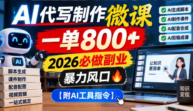 AI代写制作微课，一单800+，2026必做副业，暴力风口【附AI工具指令】【揭秘】-免费项目网