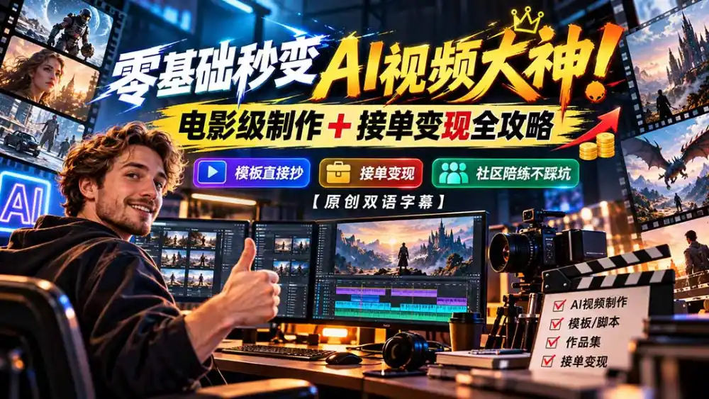 零基础秒变AI视频大神！电影级制作 + 接单变现全攻略，模板直接抄，社区陪练不踩坑【原创双语字幕】-免费项目网