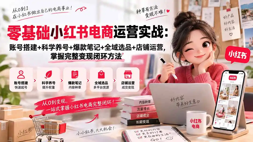 零基础小红书电商运营实战：账号搭建+科学养号+爆款笔记+全域选品+店铺运营，掌握完整变现闭环方法-免费项目网