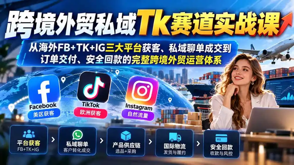 跨境外贸私域Tk赛道实战课：从海外FB+TK+IG三大平台获客、私域聊单成交到订单交付、安全回款的完整跨境外贸运营体系-免费项目网