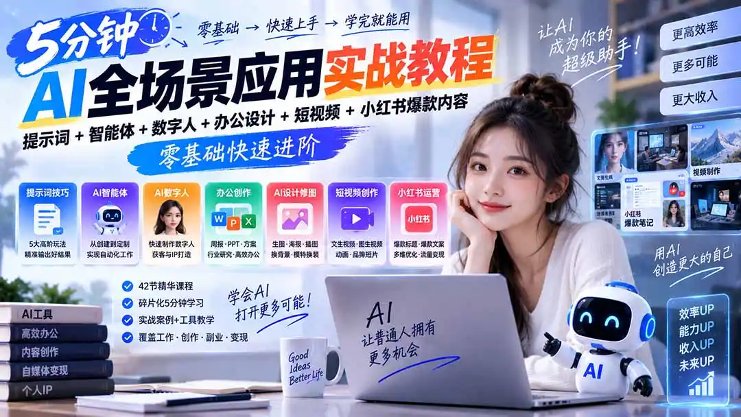 AI全场景应用实战教程｜提示词+智能体+数字人+办公设计+短视频+小红书爆款内容，零基础快速进阶-免费项目网