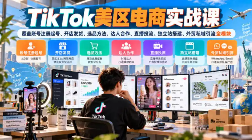 TikTok美区电商实战课,覆盖账号注册起号、开店发货、选品方法、达人合作、直播投流、独立站搭建、外贸私域引流全模块-免费项目网