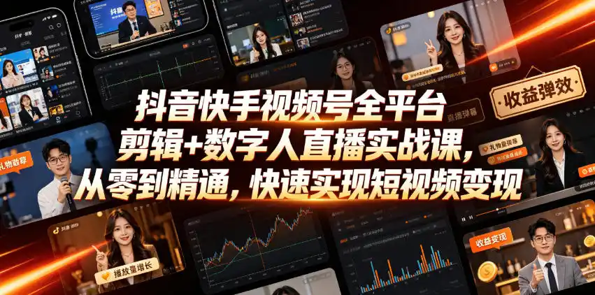 抖音快手视频号全平台剪辑+数字人直播实战课,从零到精通,快速实现短视频变现(更新2026年10月)-免费项目网
