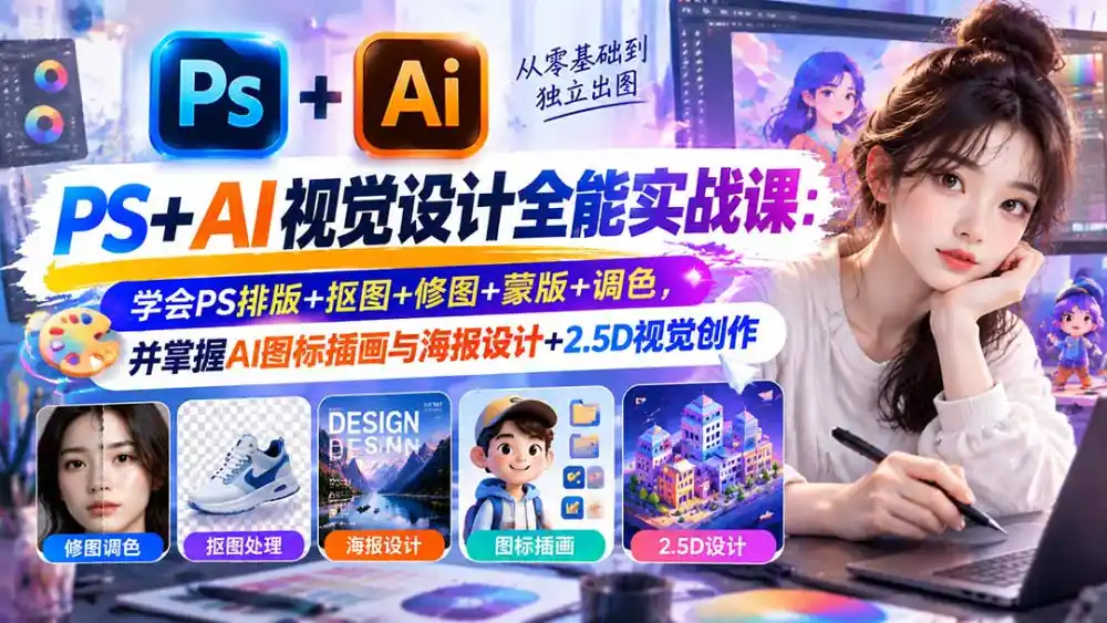 【无水印】PS+AI视觉设计全能实战课：学会PS排版+抠图+修图+蒙版+调色，并掌握AI图标插画与海报设计+2.5D视觉创作-免费项目网
