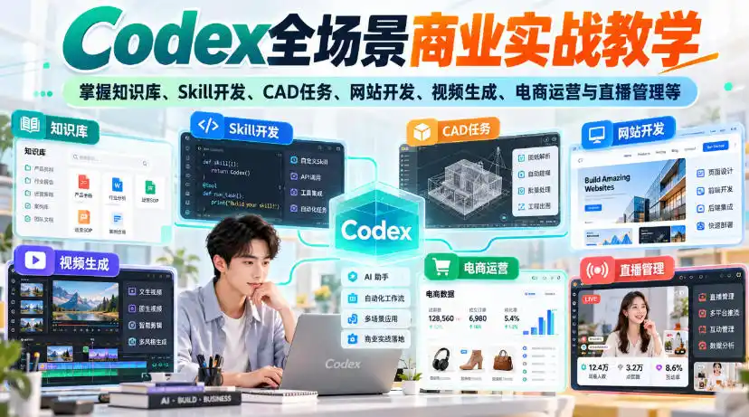 【无水印】Codex全场景商业实战教学，掌握知识库、Skill开发、CAD任务、网站开发、视频生成、电商运营与直播管理等-免费项目网