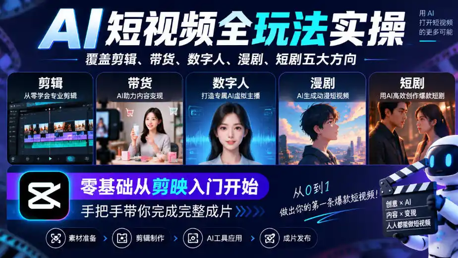 AI短视频全玩法实操，覆盖剪辑、带货、数字人、漫剧、短剧五大方向，零基础从剪映入门开始，手把手带你完成完整成片-免费项目网