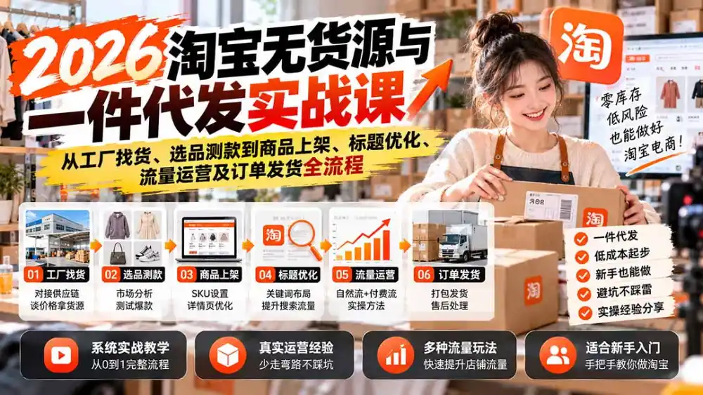 2026淘宝无货源与一件代发实战课:从工厂找货、选品测款到商品上架、标题优化、流量运营及订单发货全流程-免费项目网