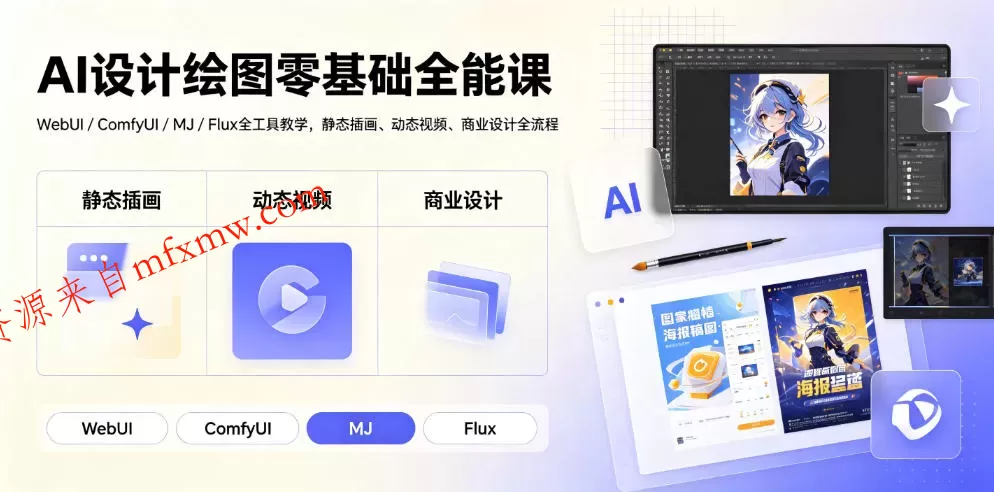 AI设计绘图零基础全能课｜WebUI/ComfyUI/MJ/Flux全工具教学，静态插画、动态视频、商业设计全流程