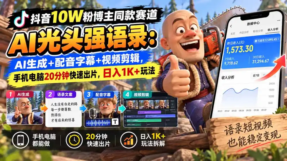 【无水印】抖音10W粉博主同款赛道AI光头强语录：AI生成+配音字幕+视频剪辑，手机电脑20分钟快速出片，日入1K+玩法-免费项目网
