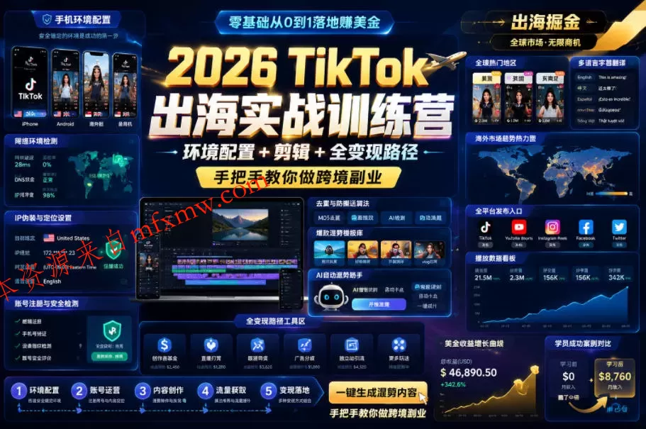 2026 TikTok出海实战训练营,环境配置 + 剪辑 + 全变现路径,手把手教你做跨境副业