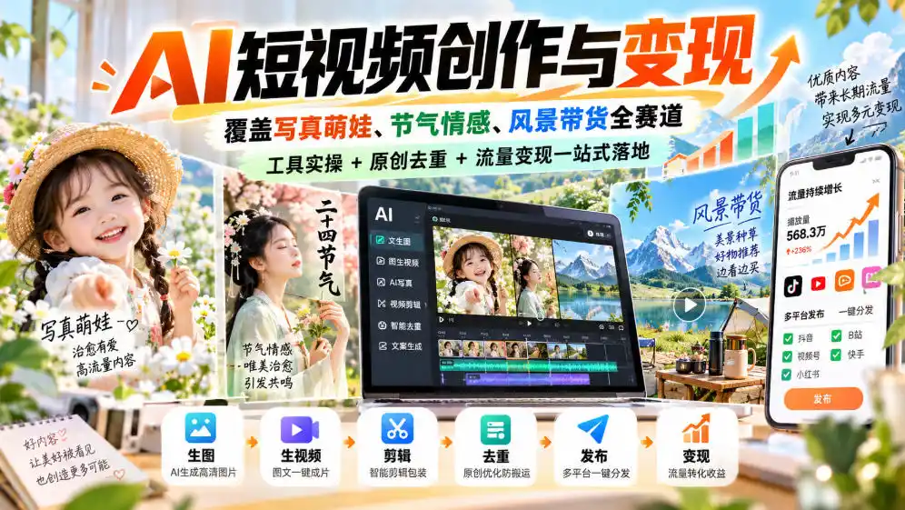 AI短视频创作与变现，覆盖写真萌娃、节气情感、风景带货全赛道，工具实操+原创去重+流量变现一站式落地-免费项目网
