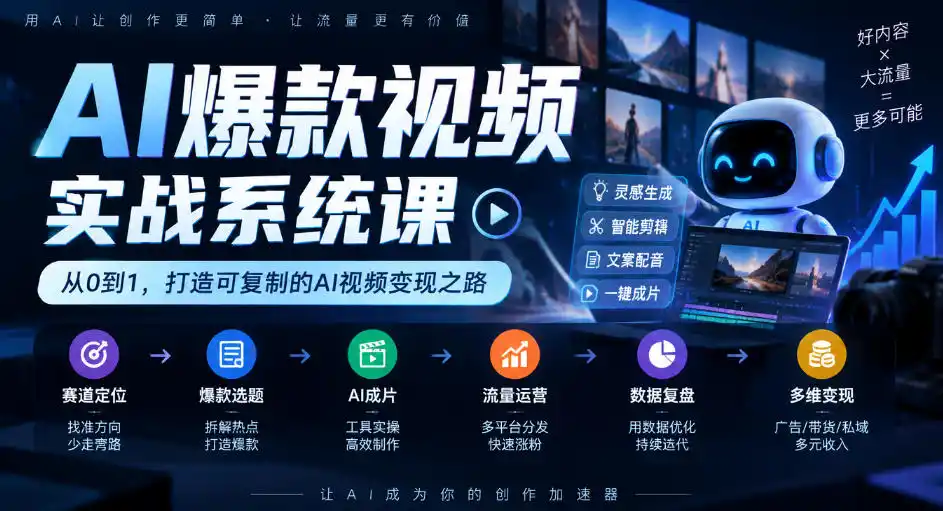 AI爆款视频实战系统课｜赛道定位、爆款选题、AI成片、流量运营、数据复盘、多维变现全链路教学-免费项目网