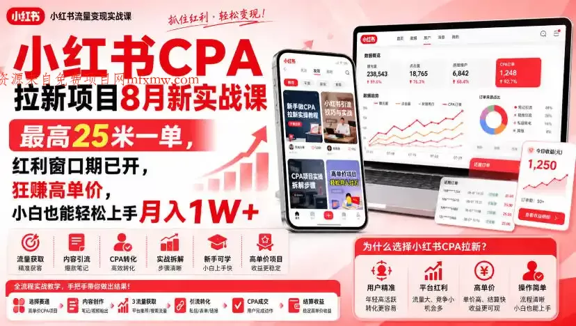 小红书CPA拉新项目8月新实战课,最高25米一单,红利窗口期已开,狂賺高单价,小白也能轻松上手月入1W+