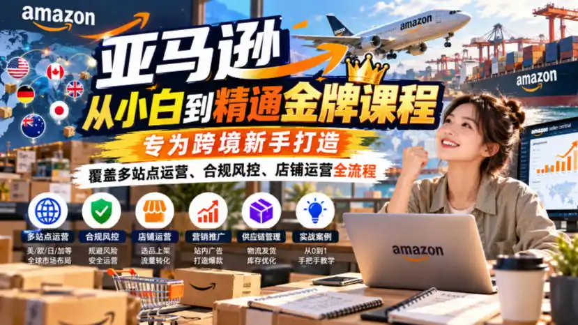 亚马逊从小白到精通金牌课程，专为跨境新手打造，覆盖多站点运营、合规风控、店铺运营全流程-免费项目网