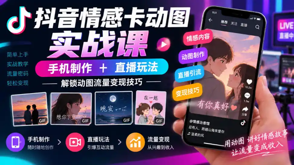 抖音情感卡动图实战课|手机制作+直播玩法,解锁动图流量变现技巧-免费项目网