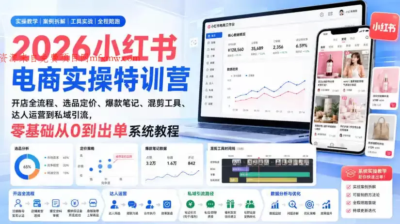 2026小红书电商实操特训营|开店全流程、选品定价、爆款笔记、混剪工具、达人运营到私域引流,零基础从0到出单系统教程