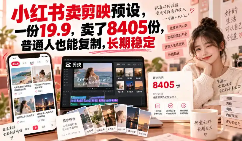 小红书卖剪映预设，一份19.9，卖了8405份，普通人也能复制，长期稳定-免费项目网