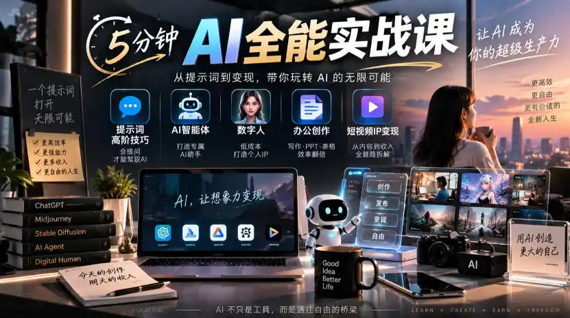 5分钟AI全能实战课｜提示词高阶技巧+AI智能体+数字人+办公创作+短视频IP变现全教程-免费项目网