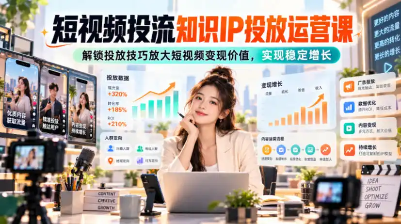 短视频投流知识IP投放运营课，解锁投放技巧放大短视频变现价值，实现稳定增长-免费项目网