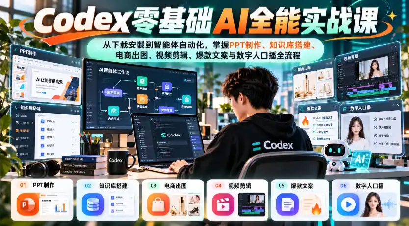 Codex零基础AI全能实战课：从下载安装到智能体自动化，掌握知识库搭建、电商出图、视频剪辑、爆款文案与数字人口播全流程-免费项目网