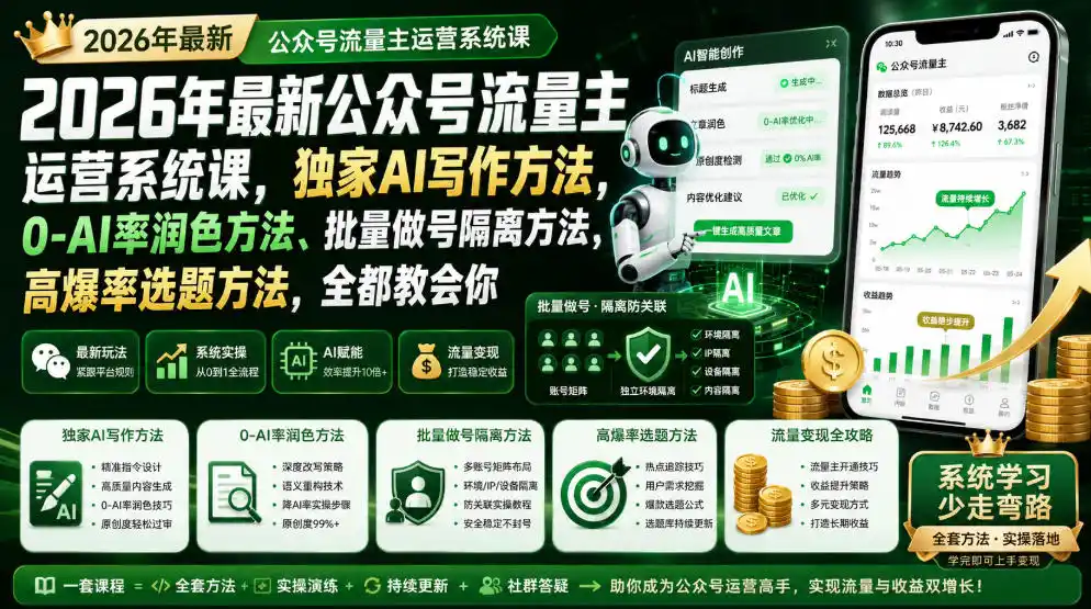 2026年最新公众号流量主运营系统课，独家AI写作方法，0-AI率润色方法、批量做号隔离方法、高爆率选题方法，全都教会你(更新1009)-免费项目网