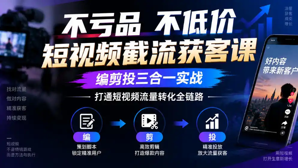 不亏品不低价短视频截流获客课，编剪投三合一实战，打通短视频流量转化全链路-免费项目网