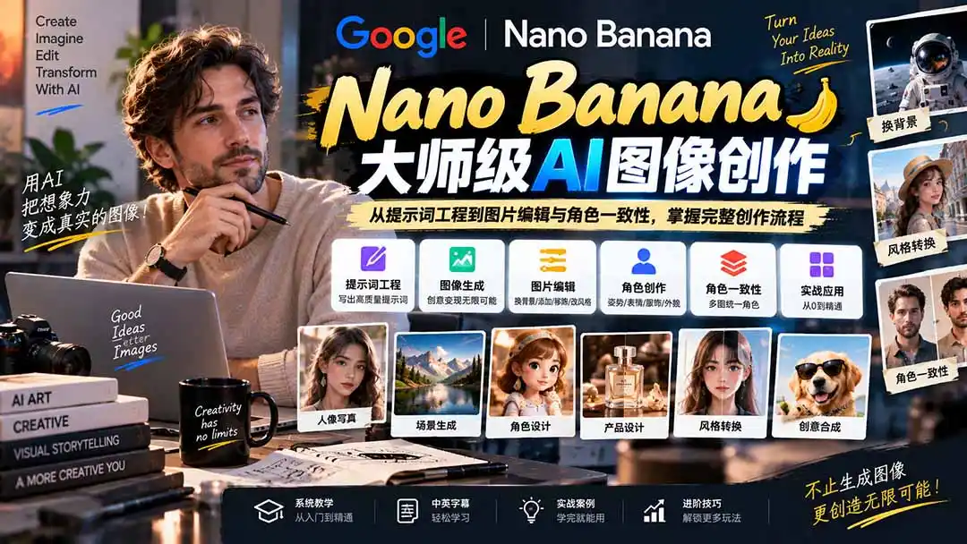 【无水印】Nano Banana大师级AI图像实战课：从提示词工程到图片编辑与角色一致性，掌握完整创作流程-免费项目网
