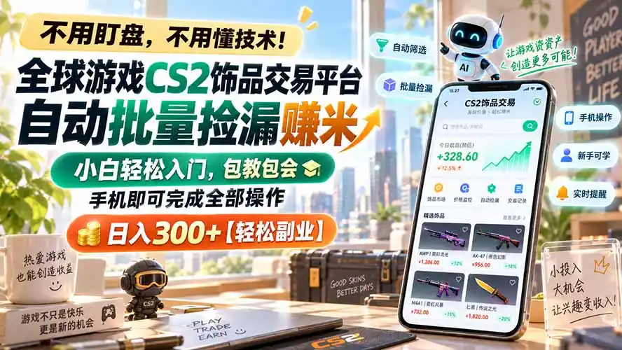 全球游戏CS2饰品交易平台自动批量捡漏赚米，小白轻松入门，包教包会，手机即可完成全部操作，日入300+【轻松副业】-免费项目网