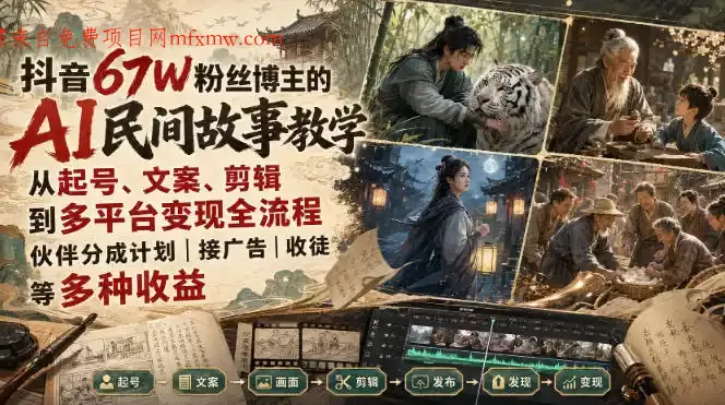 抖音67W粉丝博主的AI民间故事教学,从起号、文案、剪辑到多平台变现全流程,伙伴分成计划接广告等多种收益,月入1W+