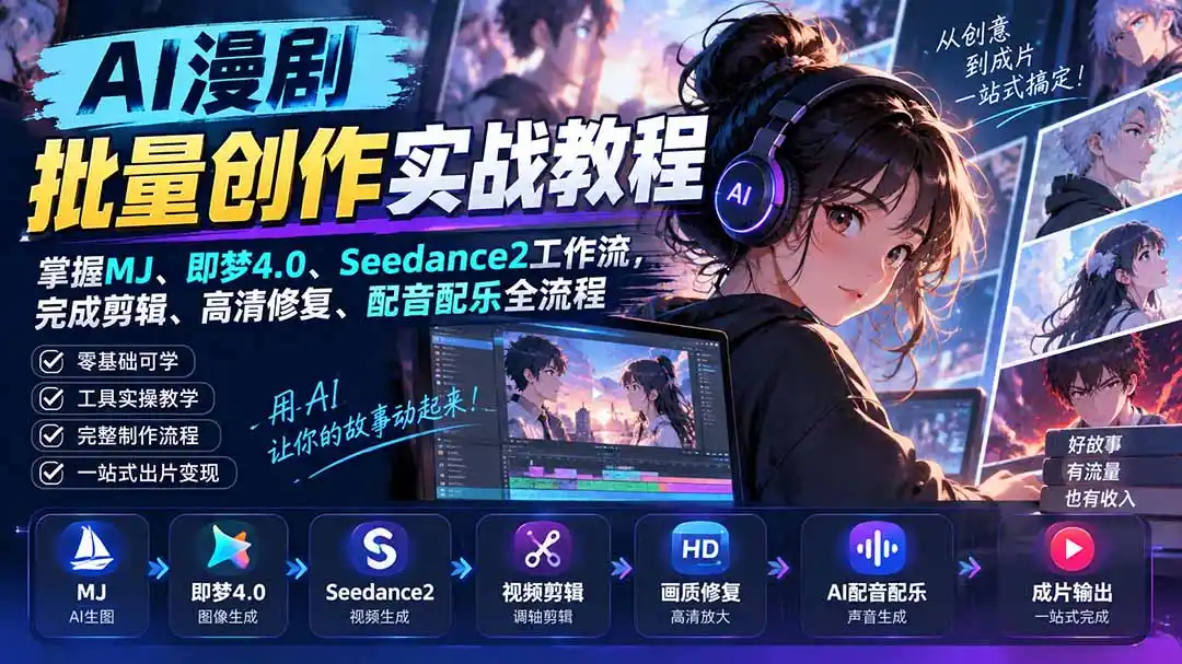 AI漫剧批量创作实战教程:掌握MJ、即梦4.0、Seedance2工作流,完成剪辑、高清修复、配音配乐全流程-免费项目网