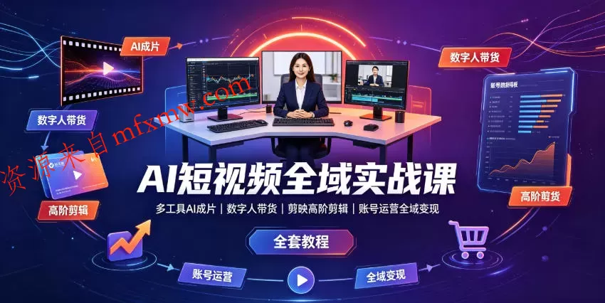 AI短视频全域实战课|多工具AI成片、数字人带货、剪映高阶剪辑、账号运营全域变现全套教程