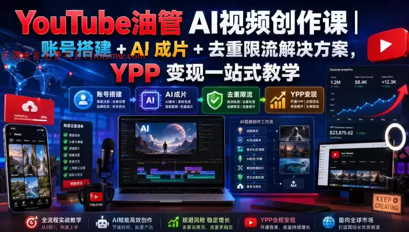 YouTube油管AI视频创作课|账号搭建+AI成片+去重限流解决方案,YPP变现一站式教学(更新0809)