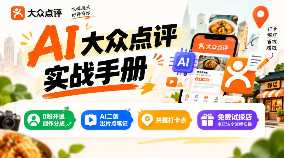 某局的AI大众点评实战手册，0粉开通创作分成、AI二创出片点笔记、共建打卡点、免费试探店多玩法全流程实操-免费项目网