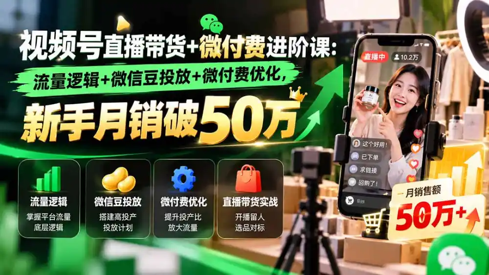 视频号直播带货+微付费进阶课-更新1010：流量逻辑+微信豆投放+微付费优化，新手月销破50万-免费项目网