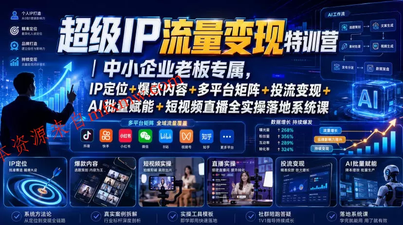 超级IP流量变现特训营|中小企业老板专属,IP定位+爆款内容+多平台矩阵+投流变现+AI批量赋能+短视频直播全实操落地系统课