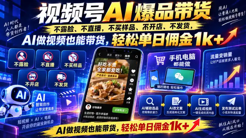 视频号Ai爆品带货，不露脸、不直播、不买样品、不开店、不发货，AI做视频也能带货，轻松单日佣金1k+