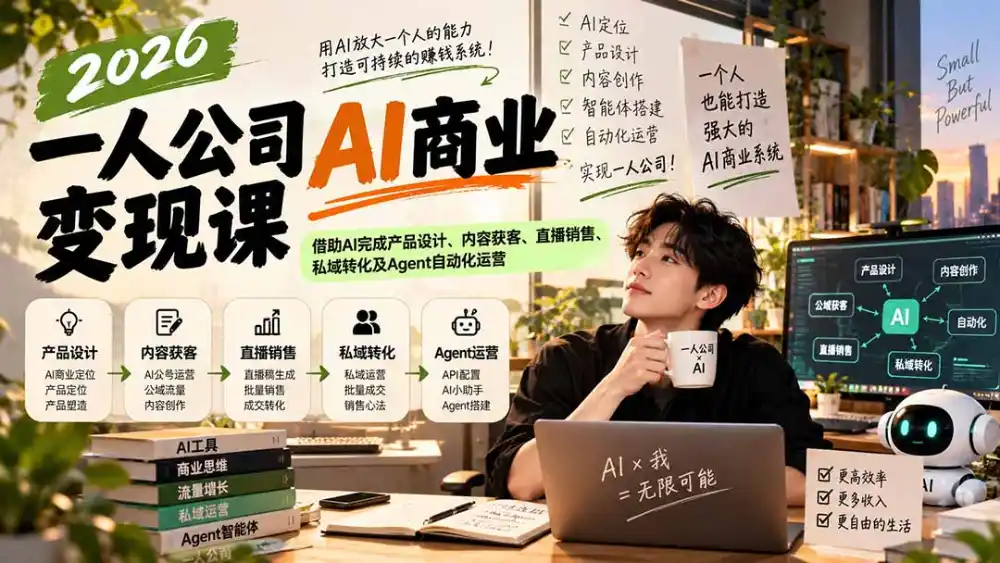2026一人公司AI商业变现课：借助AI完成产品设计、内容获客、直播销售、私域转化及Agent自动化运营-免费项目网