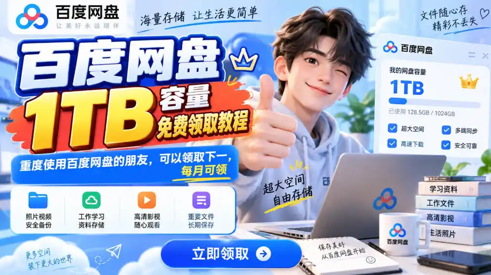 百度网盘1TB容量免费领取教程，重度使用百度网盘的朋友，可以领取下一，每月可领-免费项目网