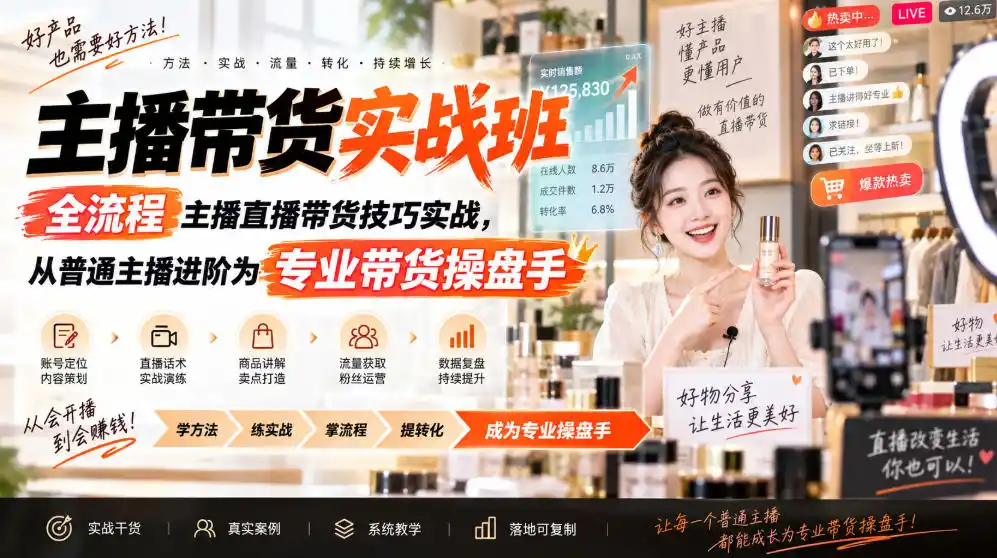 主播带货实战班ZB,全流程主播直播带货技巧实战,从普通主播进阶为专业带货操盘手