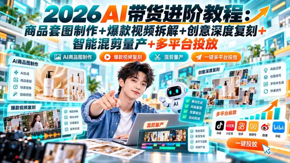 2026AI带货进阶教程：商品套图制作+爆款视频拆解+创意深度复刻+智能混剪量产+多平台投放-免费项目网