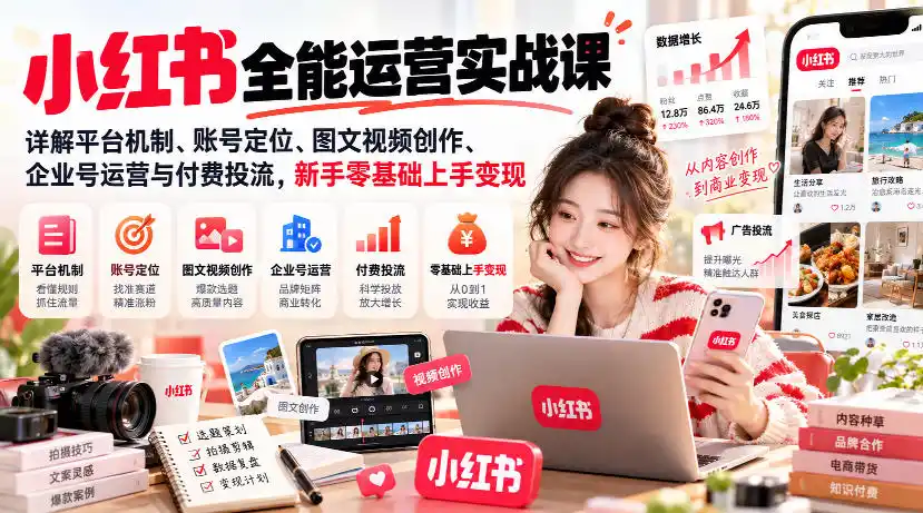 小红书全能运营实战课，详解平台机制、账号定位、图文视频创作、企业号运营与付费投流，新手零基础上手变现-免费项目网