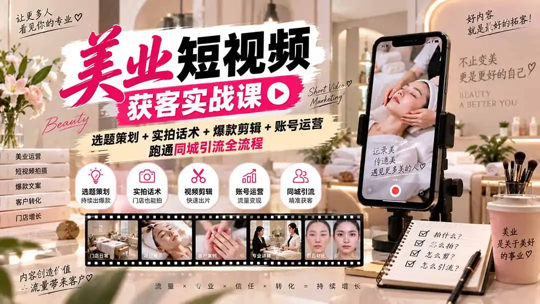 美业短视频获客实战课-无水印：选题策划+实拍话术+爆款剪辑+账号运营，跑通同城引流全流程-免费项目网