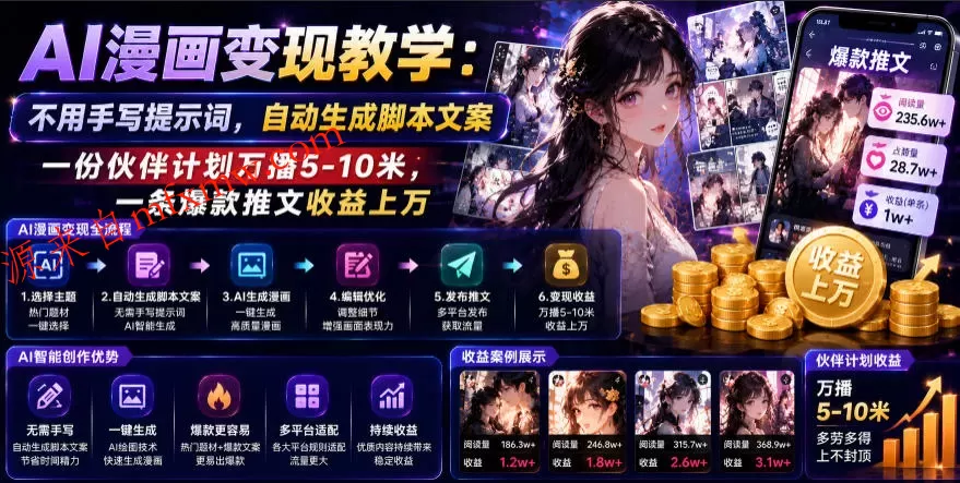 AI漫画变现教学:不用手写提示词,自动生成脚本文案,一份伙伴计划万播5-10米,一条爆款推文收益上W