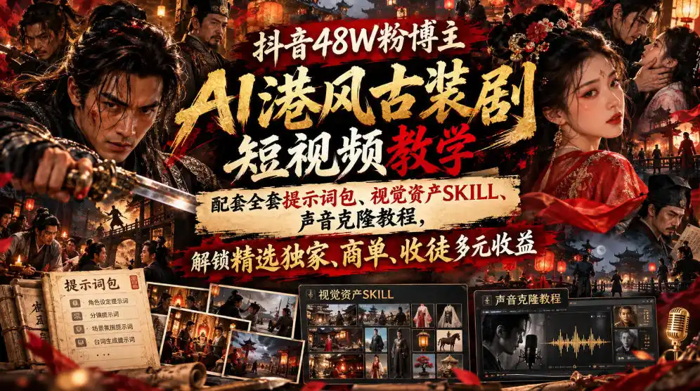抖音48W粉博主AI港风古装剧短视频教学,配套全套提示词包、视觉资产SKILL、声音克隆教程,解锁精选独家、商单、收徒多元收益