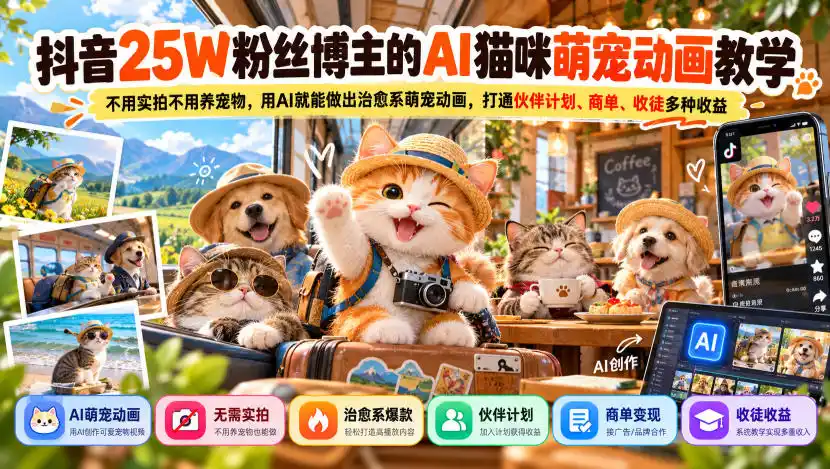 抖音25W粉丝博主的AI猫咪萌宠动画教学，不用实拍不用养宠物，用AI就能做出治愈系萌宠动画，打通伙伴计划、商单、收徒多种收益-免费项目网