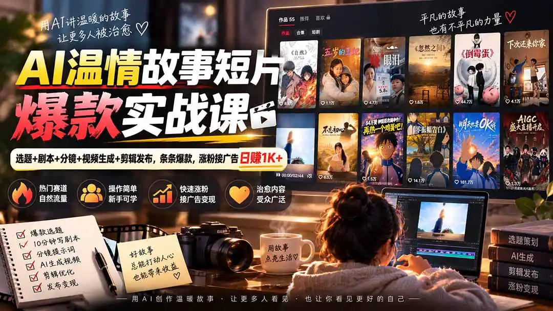 AI温情故事短片爆款实战课-更新｜选题+剧本+分镜+视频生成+剪辑发布，条条爆款，涨粉接广告日赚1K+-免费项目网