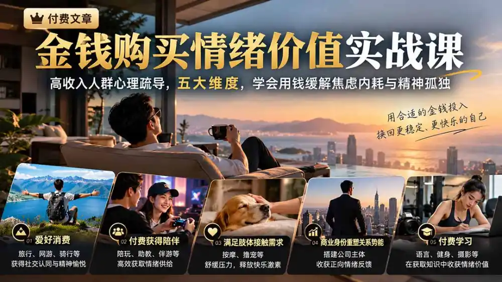 付费文章：金钱购买情绪价值实战课｜高收入人群心理疏导，五大维度，学会用钱缓解焦虑内耗与精神孤独-免费项目网