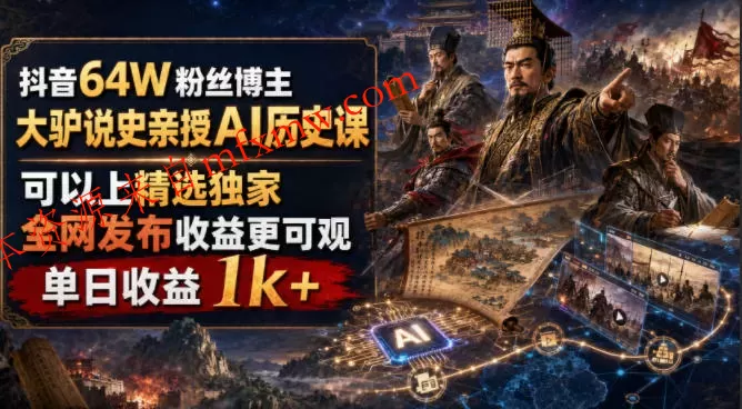抖音64W粉丝博主大驴说史亲授AI历史课，可以上精选独家，全网发布收益更可观，单日收益1k+