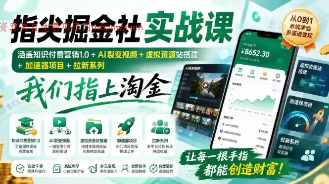 指尖掘金社实战课,涵盖知识付费营销1.0+AI裂变视频+虚拟资源站搭建+加速器项目+拉新系列,我们指上淘金!