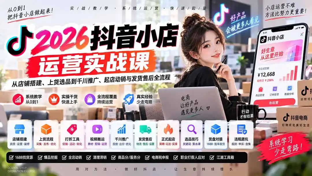 2026抖音小店运营实战课｜从店铺搭建、上货选品到千川推广、起店动销与发货售后全流程-免费项目网